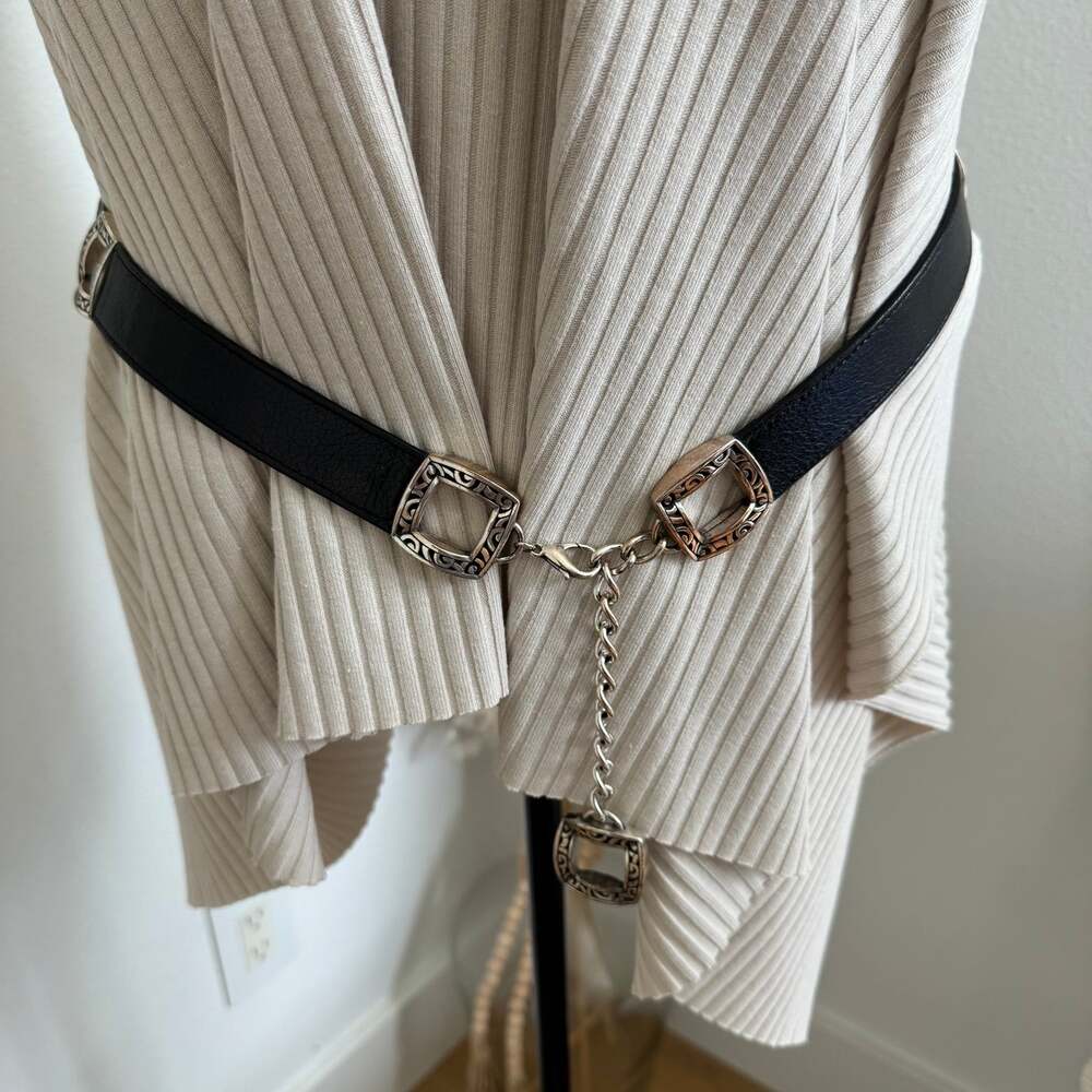 Brighton Vintage Reversible Black Leather Croc Chain Swivel Clasp Belt Medallion